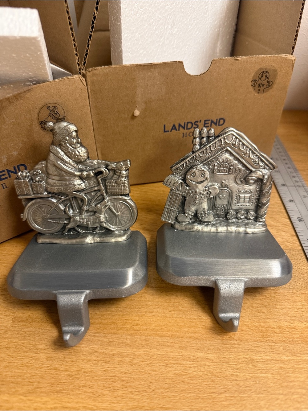 Lands’ End set of two mantle shelf stocking holders Christmas Santa gingerbread